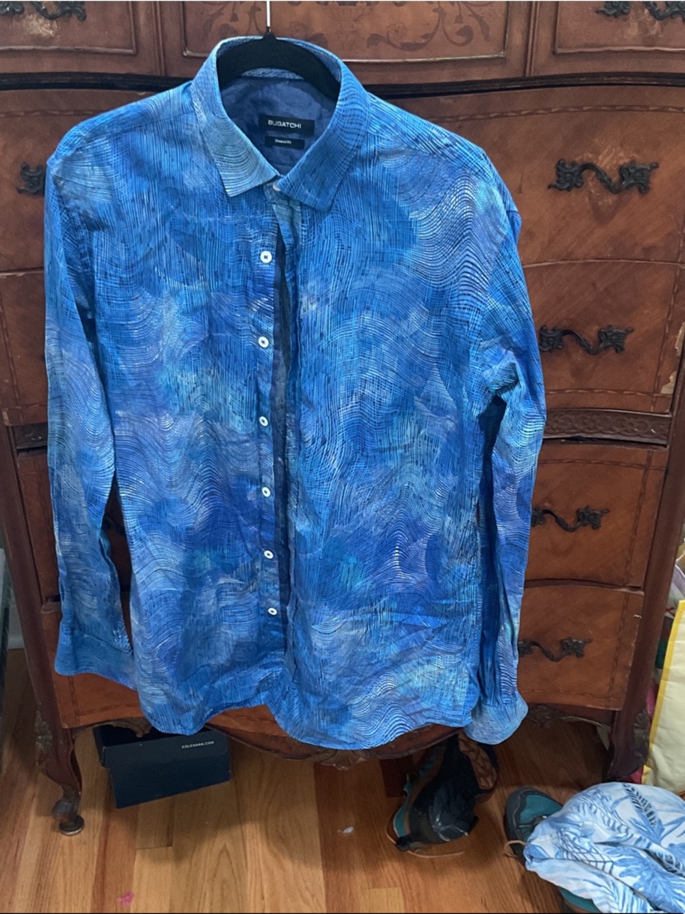Bugatchi Blue Abstract Wave Print Button-Down Shirt